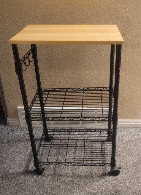 Black Wire Rolling Cart with Butcher Block Top - 2 Shelves & Hooks