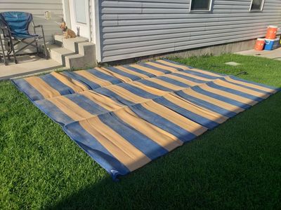 Large Blue & Tan Striped Outdoor Mat/Rug - Reversible, Foldable Camping/Patio Mat