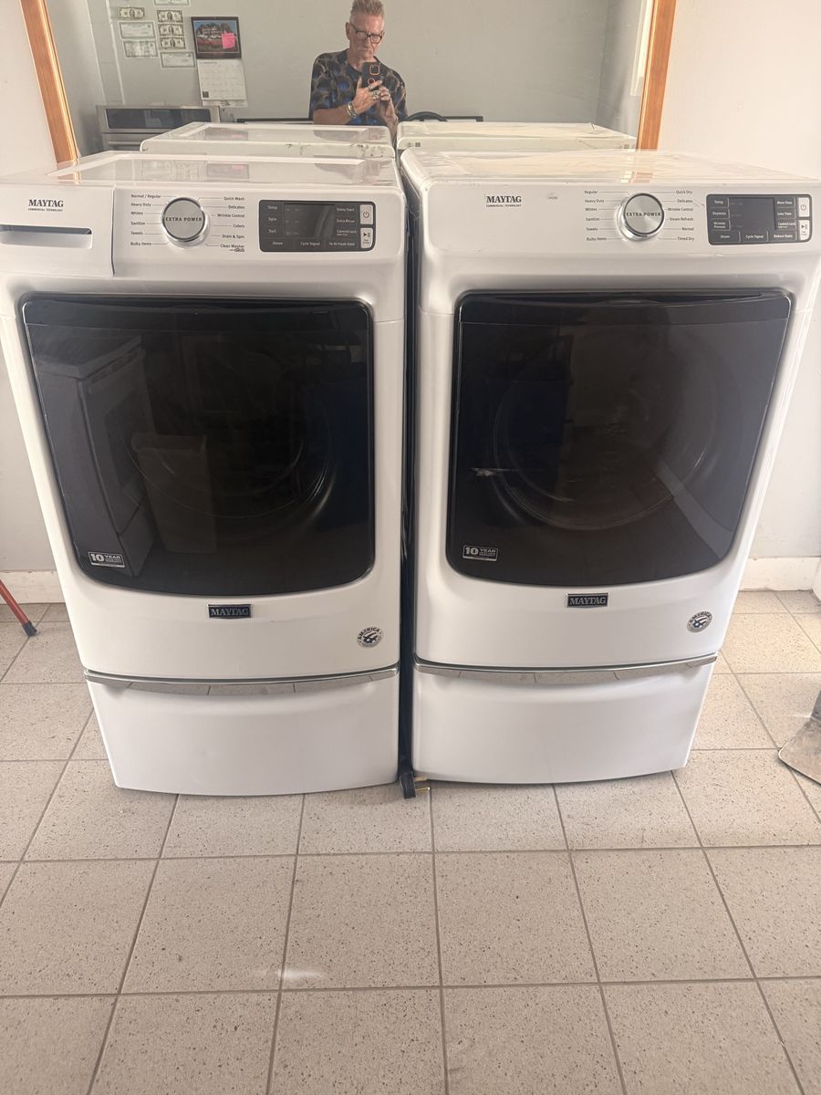 Maytag Front Load Washer and Dryer Set with Pedestals - White