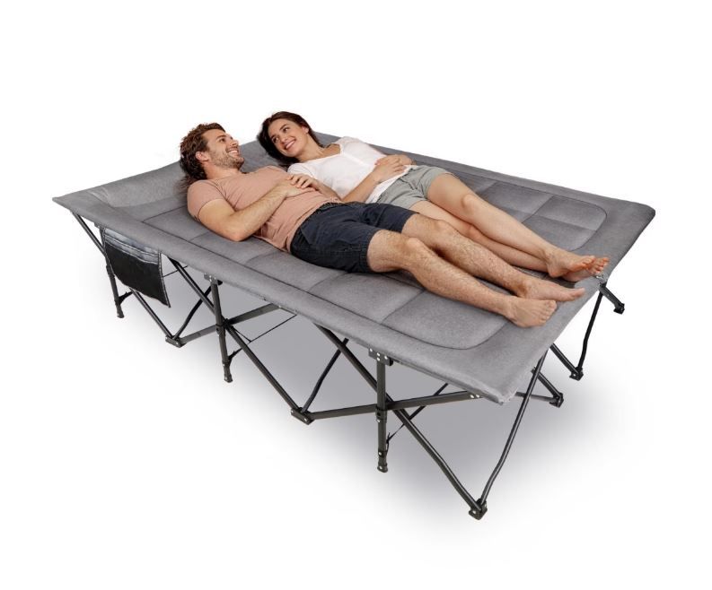 Folding Camping Double Cot 1-2 Person w/Integrated Mattress Cushion & Built in Headrest (Set of 2) – Gray