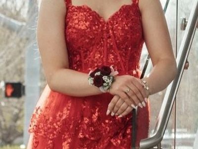 Red Corset Tiered Tulle Lace-up Back Prom Dress