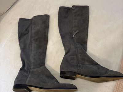 Nine West Gray Suede Mid-Calf Boots - Women's Size 10, Flat Heel, Side Zip