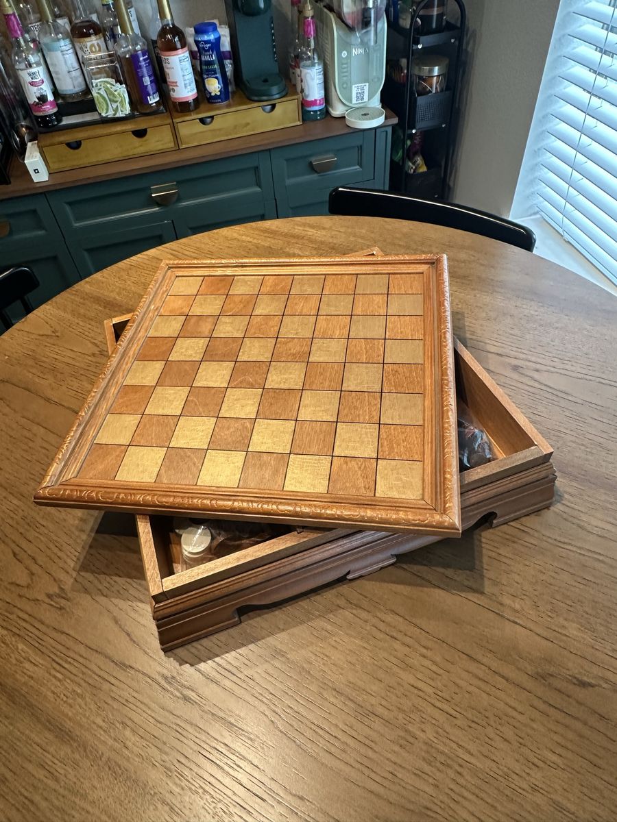 Wooden Chess & Checkers Game Board Set with Built-In Storage Drawers