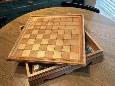 Wooden Chess & Checkers Game Board Set with Built-In Storage Drawers
