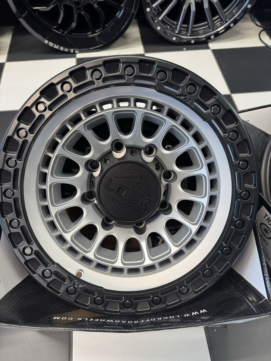 Brand new set of 4 wheels Lock Off-Road mojave 17x9 Matte Silver w/ matte Black ring . Lug pattern 8x180
