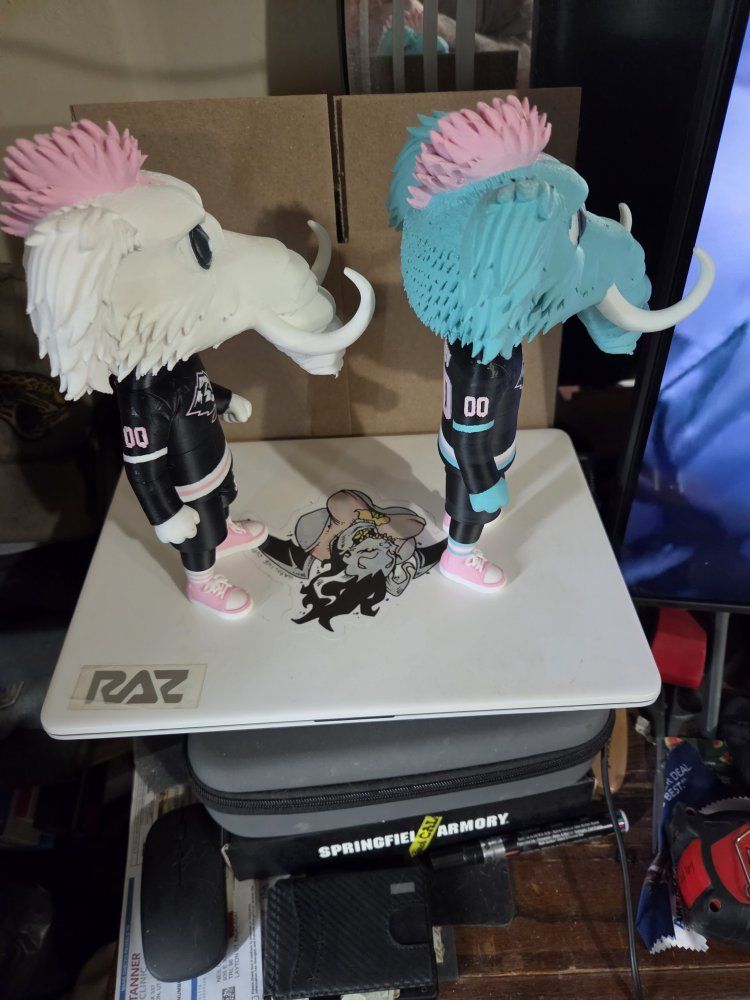 Custom 3D Printed Tusky Elephant Mascot Figures - Set of 2, Hockey Jersey, Pink/Blue Hair
