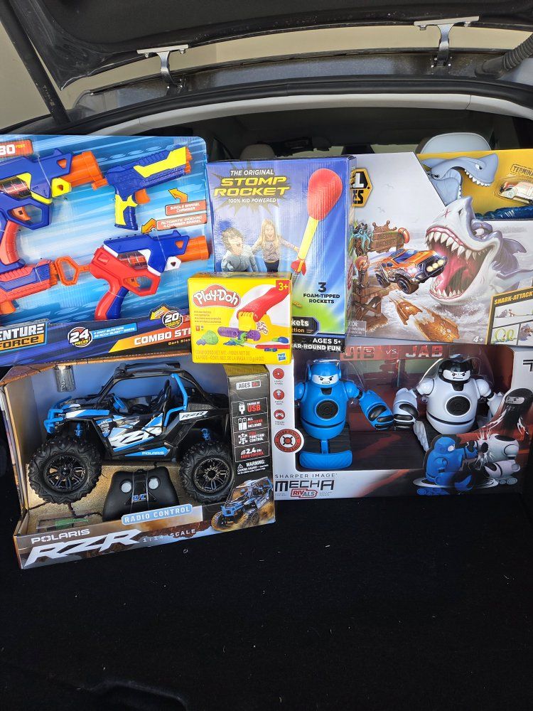 bundle, New Assorted Toy Lot: Nerf-style Blasters, Stomp Rocket, Play-Doh, RC Polaris, Mecha Rivals