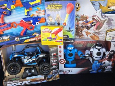 bundle, New Assorted Toy Lot: Nerf-style Blasters, Stomp Rocket, Play-Doh, RC Polaris, Mecha Rivals
