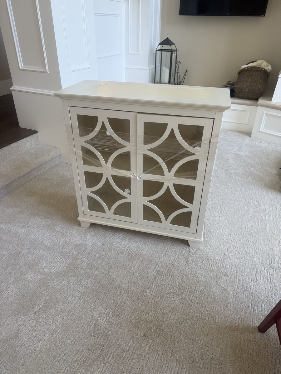 White Wood Cabinet with clear Trellis Doors, Storage Console Table