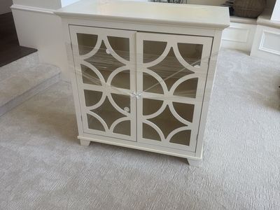 White Wood Cabinet with clear Trellis Doors, Storage Console Table