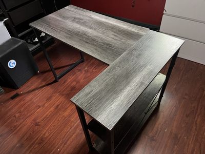 L-Shaped Computer Desk - Gray Wood Grain Finish with Storage Shelves, Used