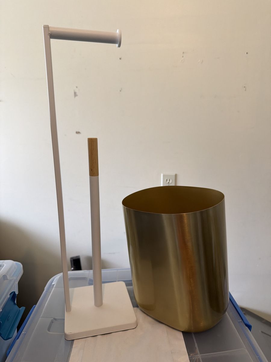 Target Toilet paper holder stand and gold trashcan