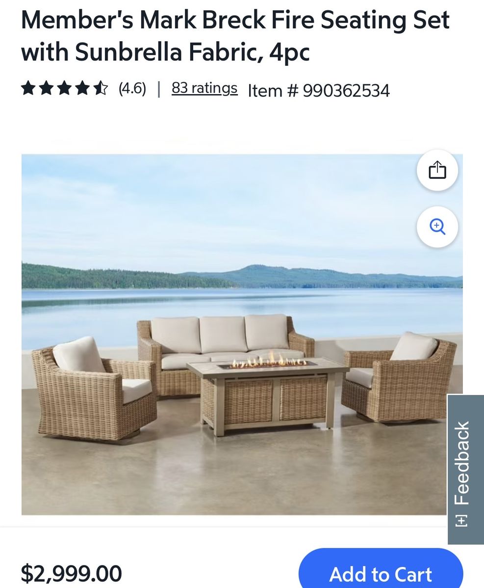 Member's Mark Breck 4-Piece Patio Fire Seating Set with Sunbrella Fabric