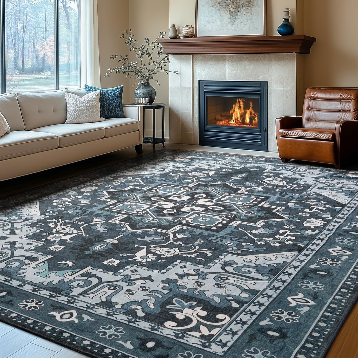 New 8x10 Area Rugs Machine Washable, Dark Navy Blue Carpet for Living Room, Oriental Indoor Area Rug