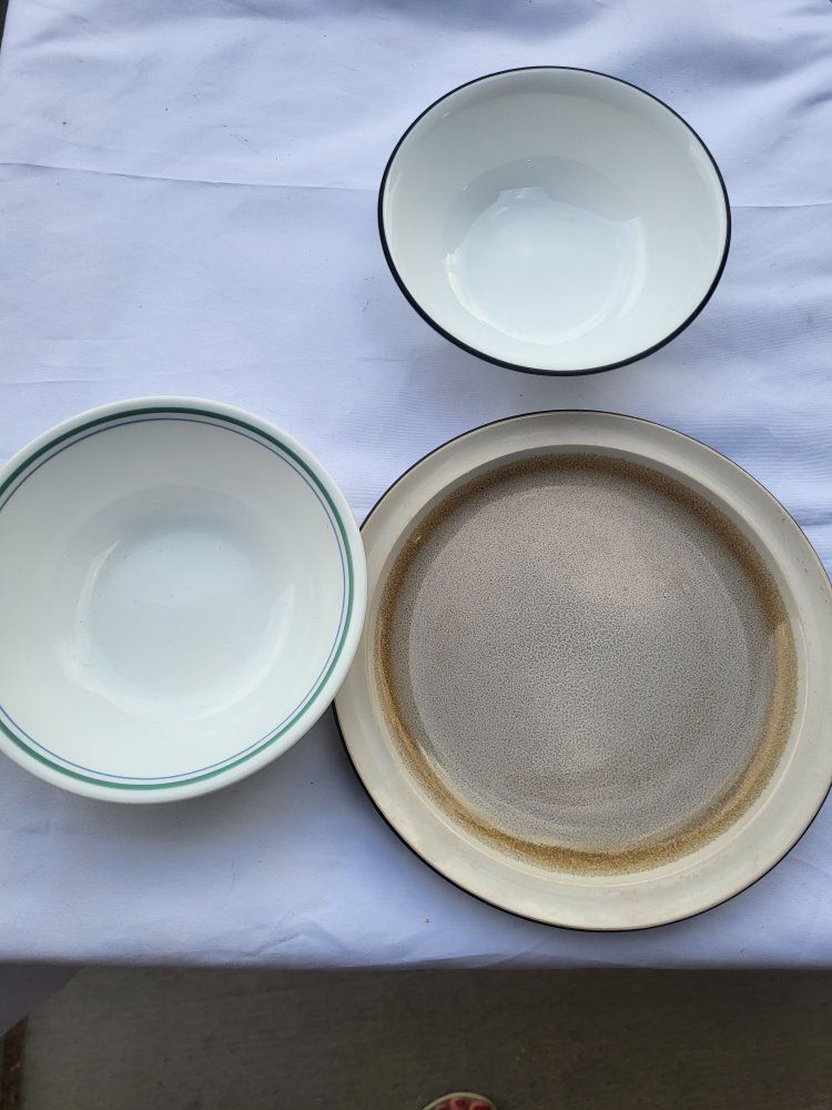 Assorted Dinnerware Lot - Corelle Green Stripe Bowl, Stoneware Plate & Black Trimmed Bowl