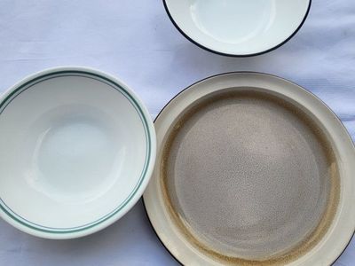 Assorted Dinnerware Lot - Corelle Green Stripe Bowl, Stoneware Plate & Black Trimmed Bowl