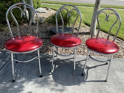 Set of 3 Vintage Chrome & Red Vinyl Heart Back Dining Chairs - Retails $240 Each - U Get All 3/$235 - C ALL PIX