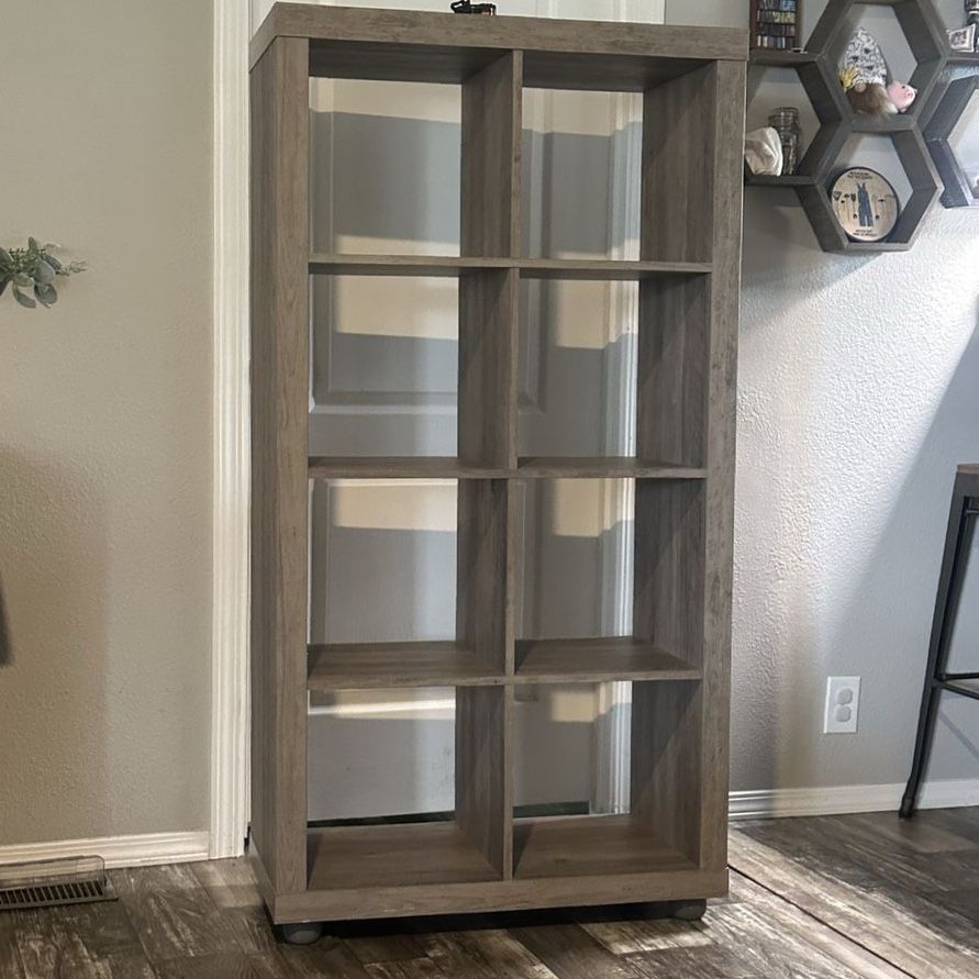 2 - Gray Wood Grain 8-Cube Storage Organizer Shelves with custom removable wooden feet