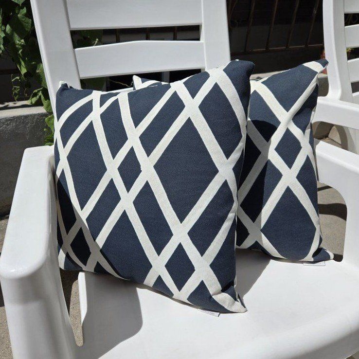 Set of Two Blue and White Geometric Outdoor Accent Pillows