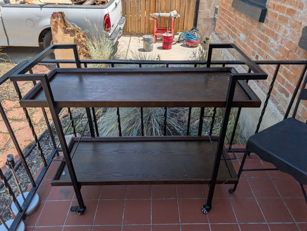 Rolling Bar Cart, Dark Wood & Black Metal, Two-Tiered, Portable Serving Trolley