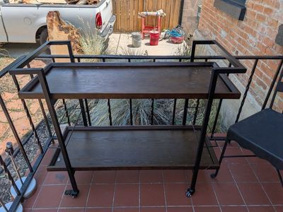 Rolling Bar Cart, Dark Wood & Black Metal, Two-Tiered, Portable Serving Trolley