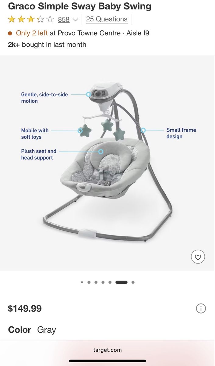 Graco Simple Sway Baby Swing - Gray, Gentle Side-to-Side Motion, Mobile with Soft Toys, Plush Support