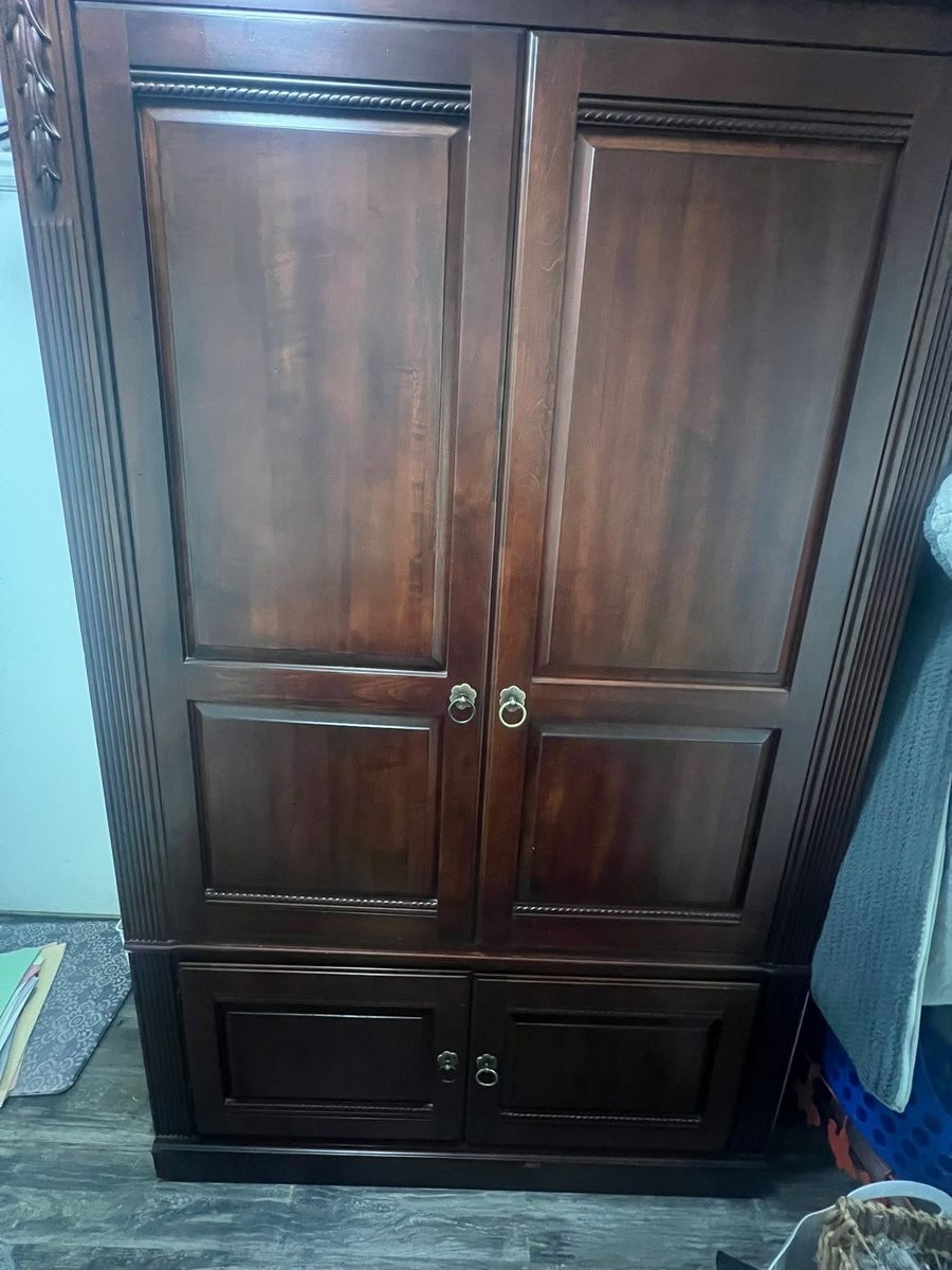 Dark Wood Armoire with Storage and Pull-Out Desk/Shelf - Great Condition