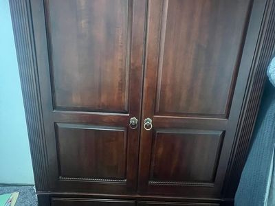 Dark Wood Armoire with Storage and Pull-Out Desk/Shelf - Great Condition