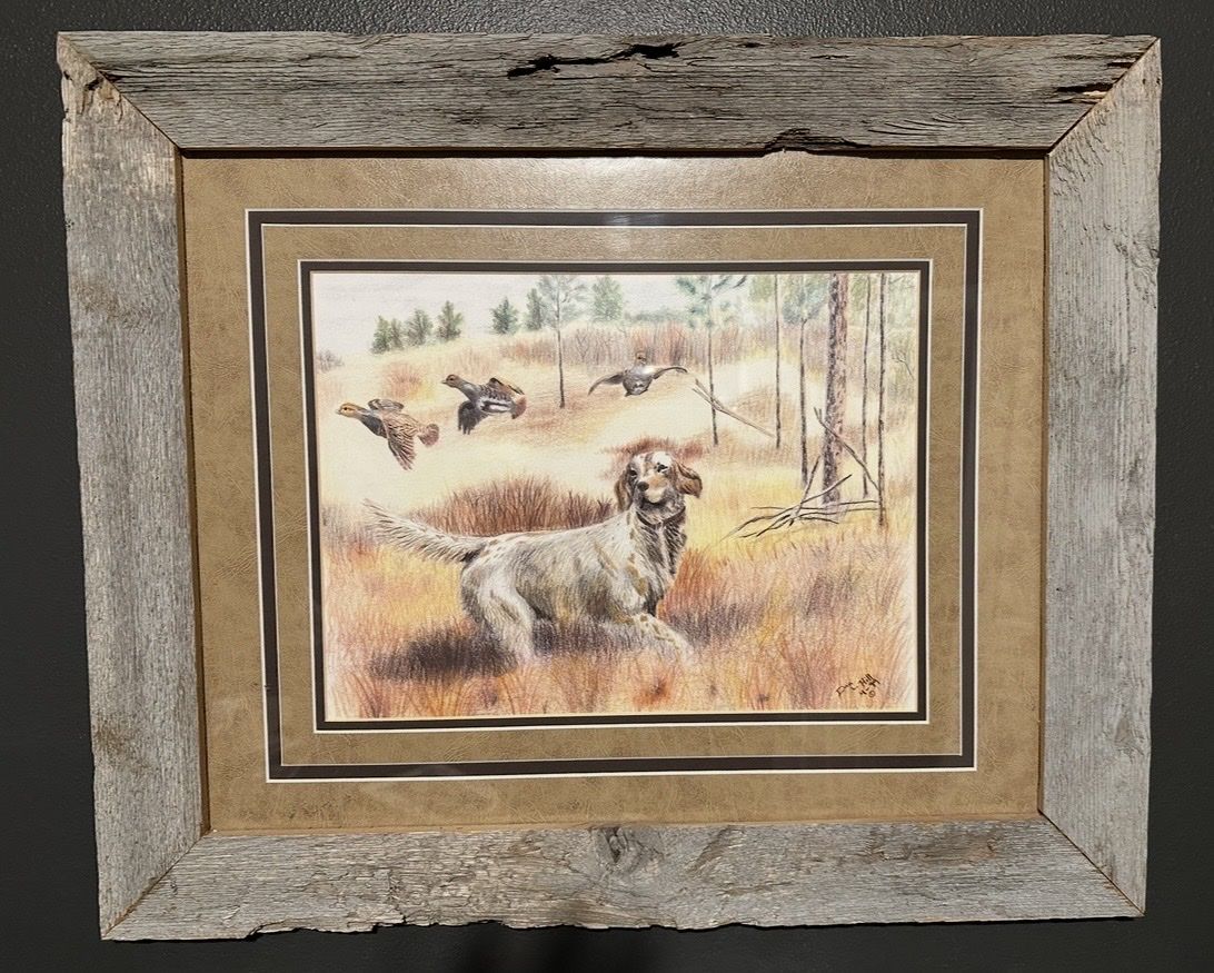 Wildlife Prints, color pencil drawings by Midway Artist, Dan Hill - Elk, Deer, wolf, and Hunting Dog (Weimaraner, Setter) Artwor