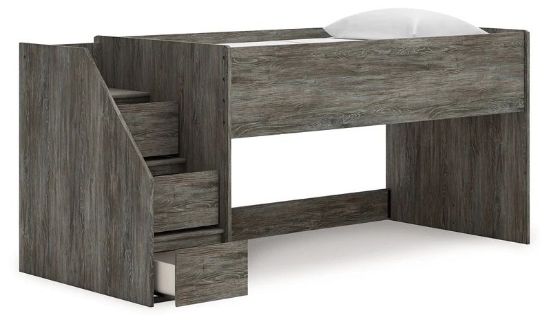 Rustic Gray Wooden Loft Bed with Built-in Staircase Storage – Ashley Furniture Franden