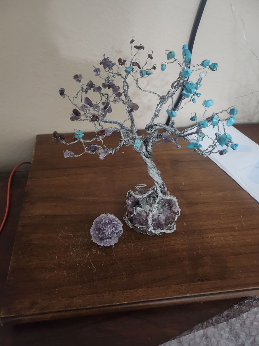 Amethysts &  turquoise wire tree with crystal sculpture home room deco