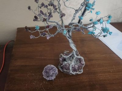 Amethysts & turquoise wire tree with crystal sculpture home room deco