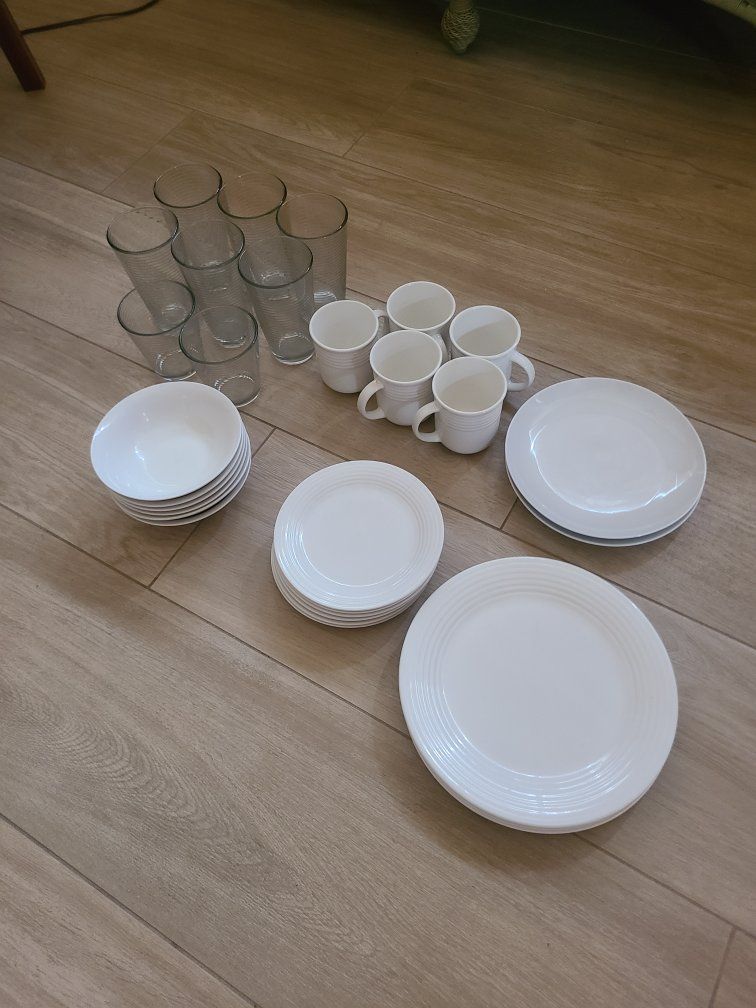 Dish Set - White, Clear Glass