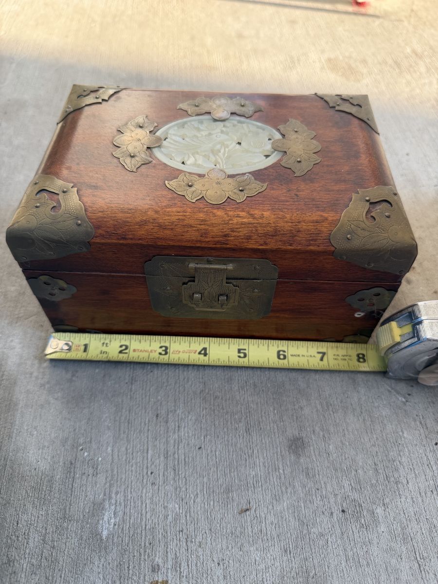 Vintage Hand-Carved Wooden Jewelry Box with Jade Inlay & Pink Silk Interior