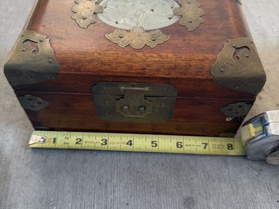 Vintage Hand-Carved Wooden Jewelry Box with Jade Inlay & Pink Silk Interior
