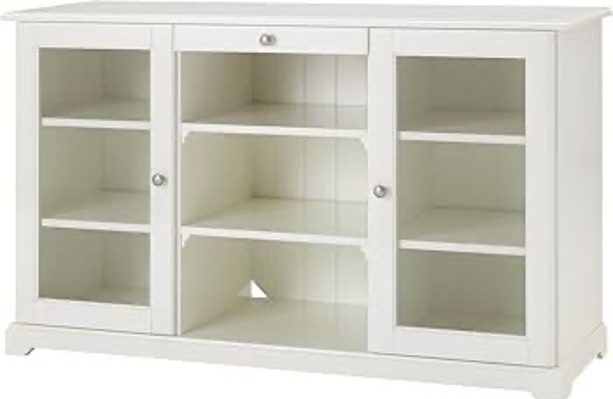 White Wood & Glass Media Console Cabinet TV Stand with Storage Shelves & Drawer