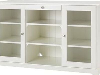 White Wood & Glass Media Console Cabinet TV Stand with Storage Shelves & Drawer