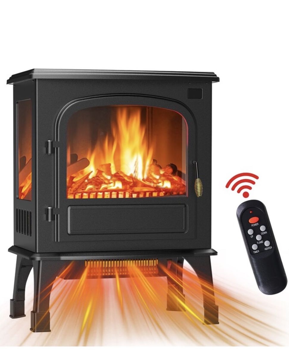 Electric Fireplace Stove Heater with Realistic Flame Effect & Remote Control - 20.2" W x 25.54" H