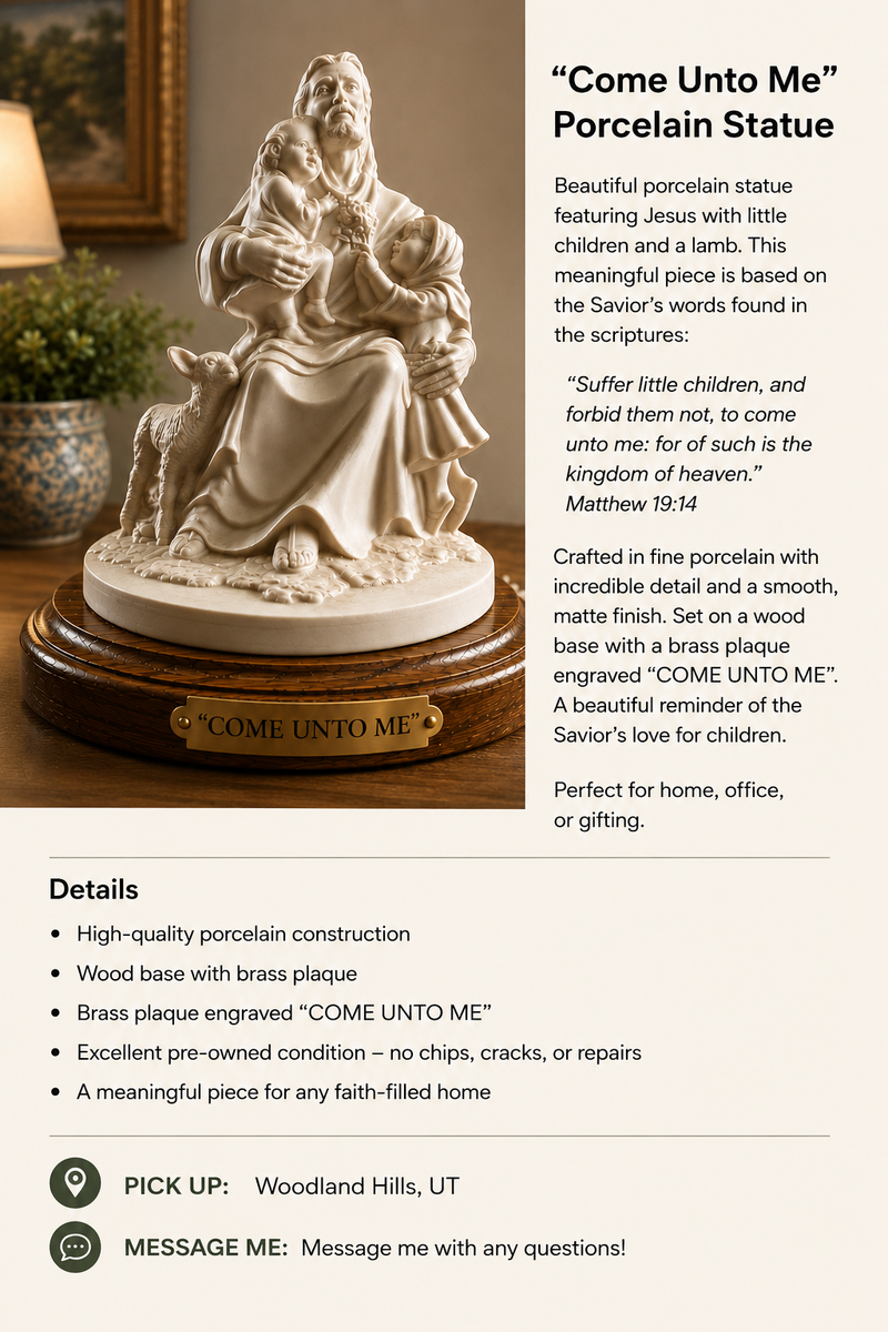 “Come Unto Me” Porcelain Jesus with Children Statue – Wood Base
