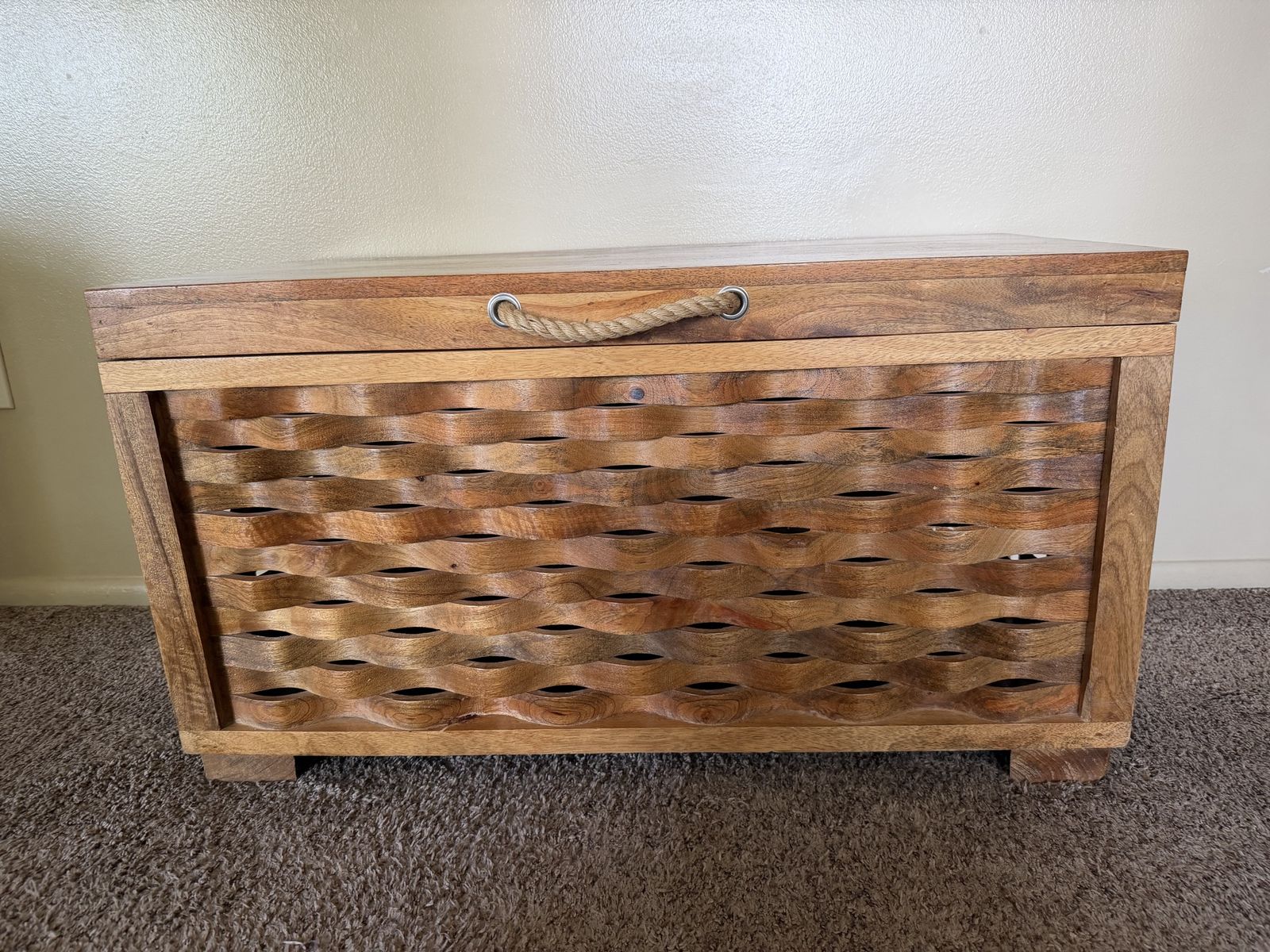 Wooden Storage Chest with Woven Front and Rope Handle. Length 35” Width 18”