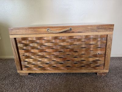 Wooden Storage Chest with Woven Front and Rope Handle. Length 35” Width 18”