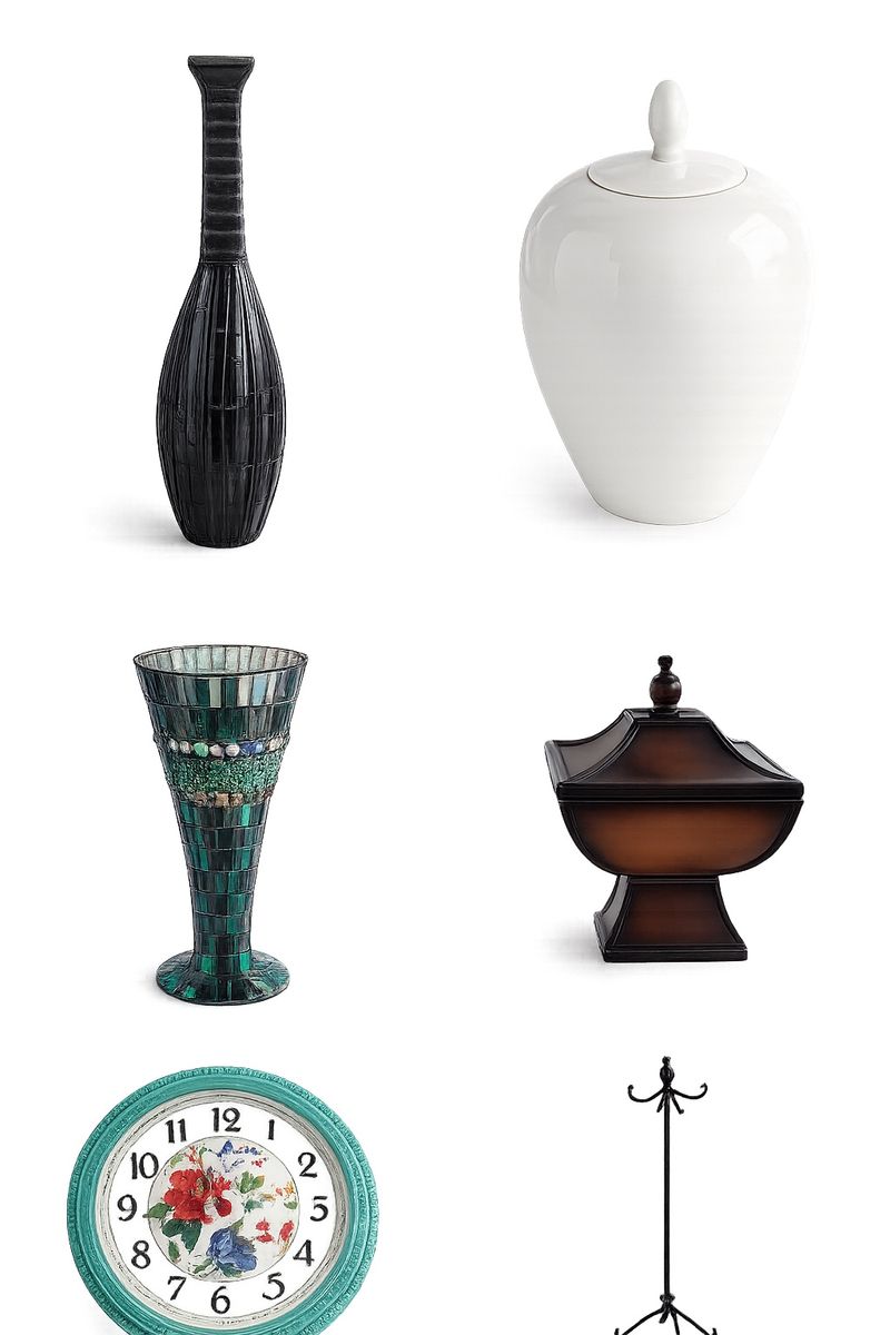 Set of 6 Decorative Home Decor Items - Vases, Clock, Urn, Jewelry Box, Display Stand