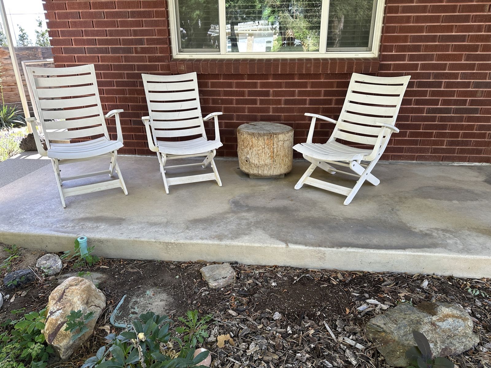 3 White Plastic Folding Patio Chairs