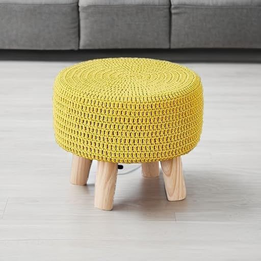 New Wimarsbon Small Ottomans, 100% Hand Knitted Pouf, Round Footrest with 4 Non-Skid Wood Legs