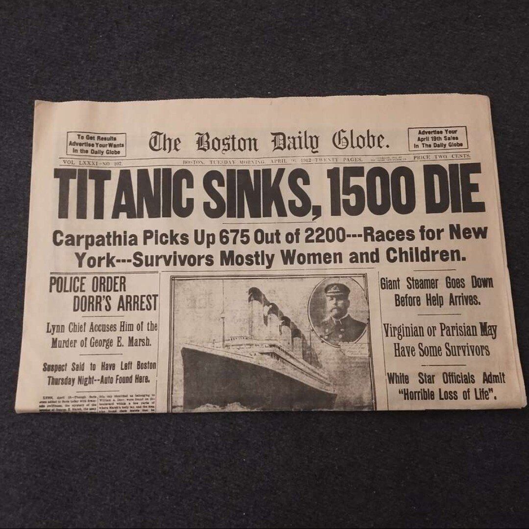 For Trade,Titanic Sinks,1912 Boston Globe Reprint