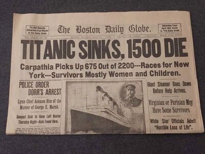 For Trade,Titanic Sinks,1912 Boston Globe Reprint
