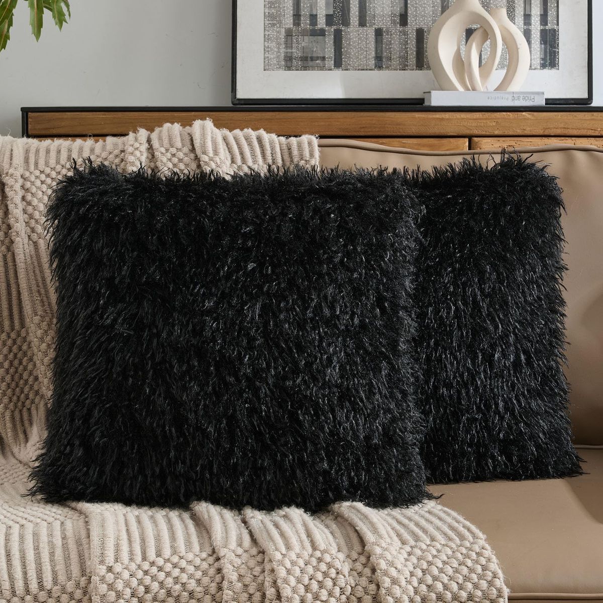 Pack of 2 Shaggy Mongolian Faux Wool Throw Pillow Covers 18x18 Inch Soft Fluffy Farmhouse Decorative Cushion cover