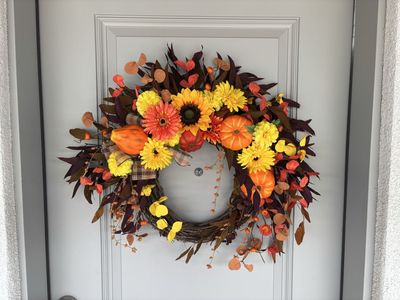 Fall Harvest Pumpkin & Sunflower Wreath - Rustic Autumn Decor