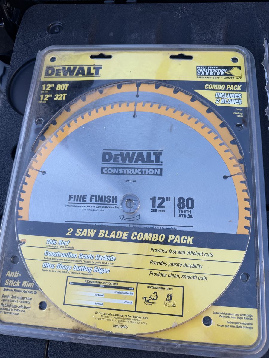 3 Dewalt 12 inch chip saw blades and 3  Diablo 10 inch chop saw blades new in package