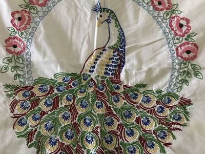 Vintage Embroidered Peacock Playing Card Table Cloth, Crocheted Edges, Embroidered Corner, 54” Square